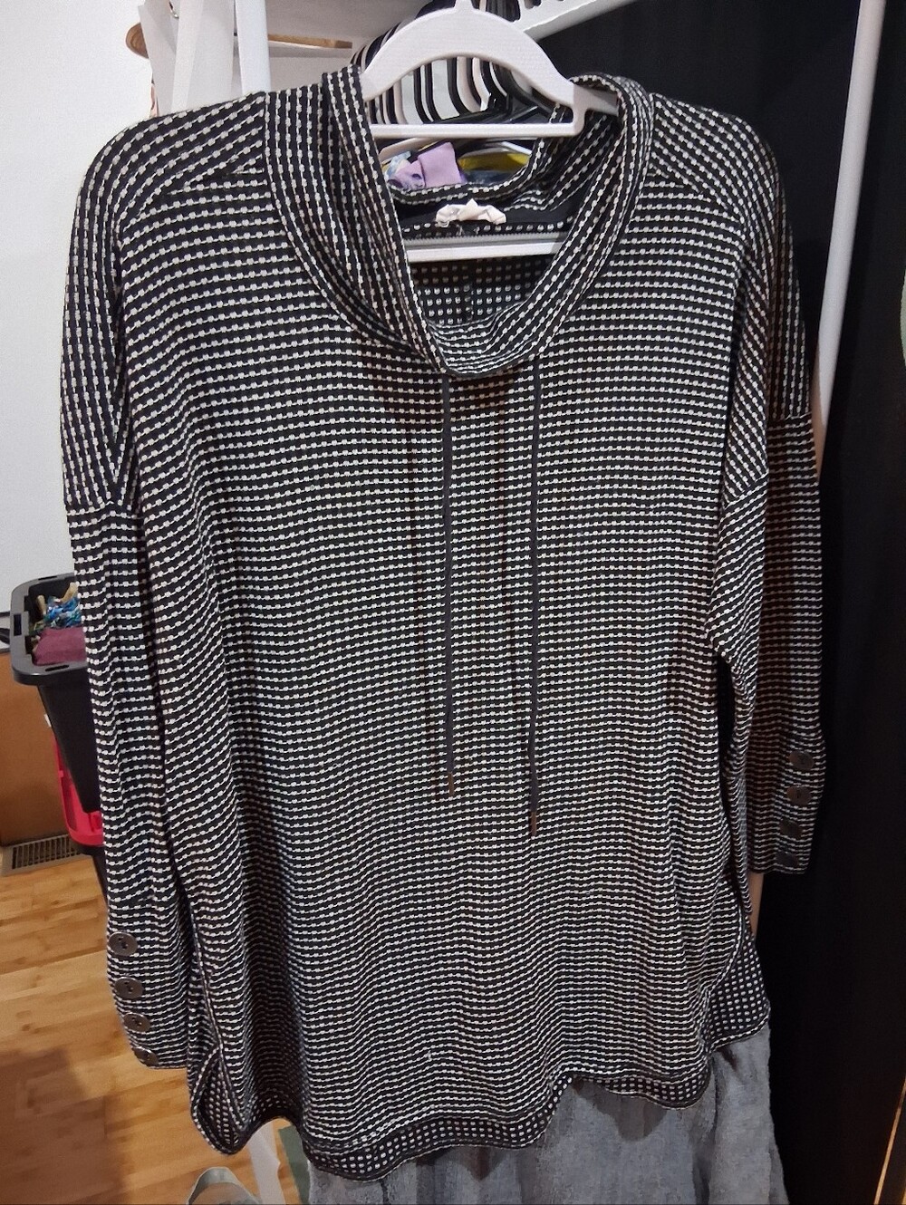 Black and White Waffle-Knit Cowl Neck Women's Top